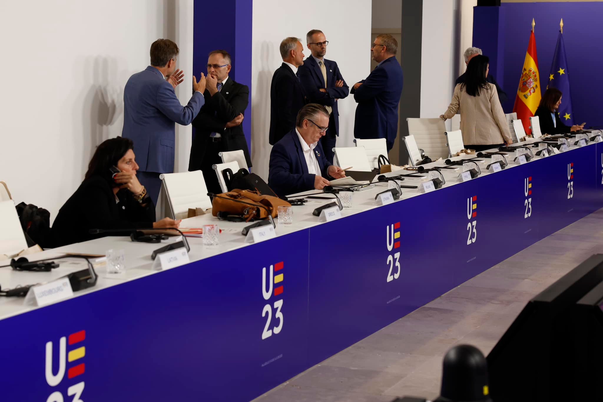 Teresa Ribera, third vice president and minister for the Ecological Transition and the Demografic Challenge of Spain and the rest of the EU Environment ministers and members of their cabinet attend during the working session in the museum of Patio Herreriano in Valladolid. Spain on 10th July 2023. Pool PEUE/Julio Muñoz